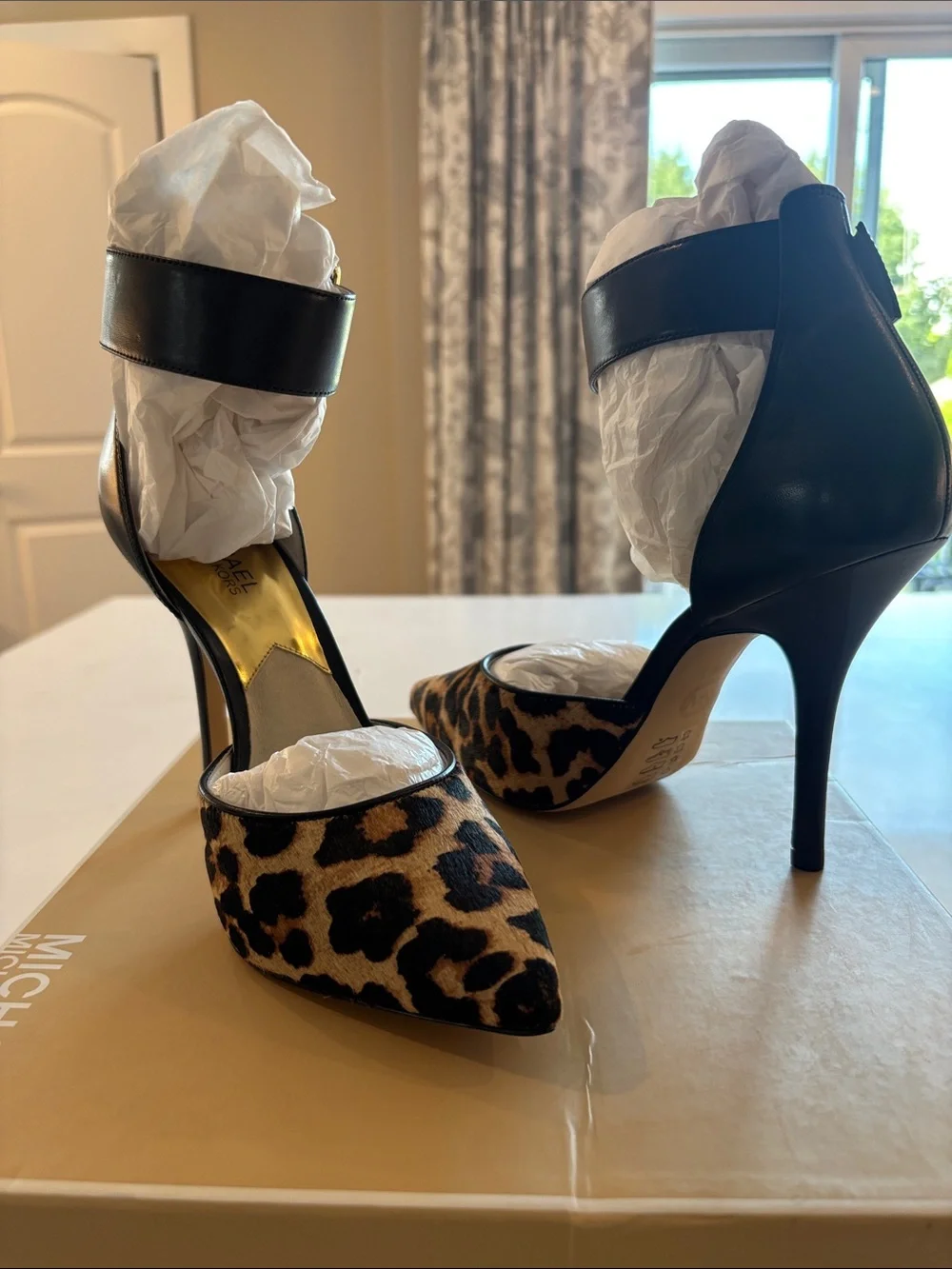Michael Kors Leopard Print Pointed Toe Ankle-Strap Heels in Natural
